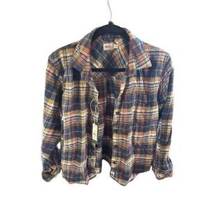 Alpine Design Womens Flannel Shirt Navy Brown Rock Plaid Long Sleeve XS